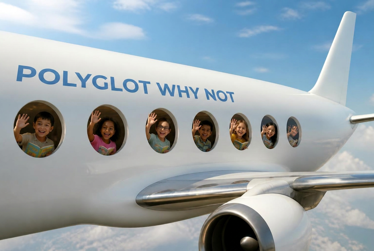 Enfants voyageurs aux hublots d'un avion Polyglot Why Not